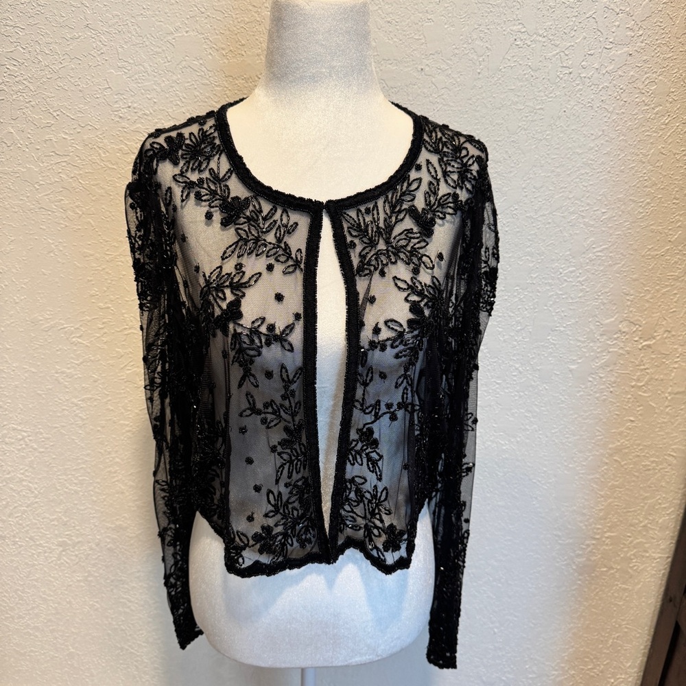 Scala Black Sheer Beaded Embroidered Top XL